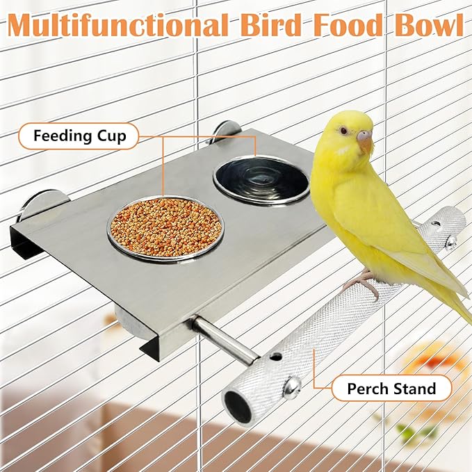 Stainless Steel Bird Feeder Hanging Parrot Feeder Bowl with Perch Stand Removable Food and Water Cups Bird Cage Accessories for Parakeet Cockatiel Budgie Conure