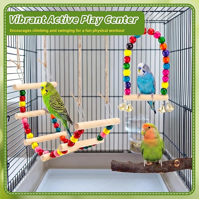8 PCS Bird Toys & Perches Set - Natural Apple Wood & Hardwood Branches, Birch Ladder Swing, Foraging Shredding Chewing Toys for Parakeets, Cockatiels, Small Medium Bird Cage Accessories