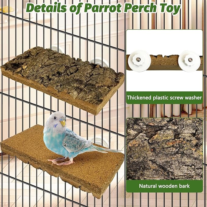 kathson 4Pcs Natural Cork Bird Perch Stand Platform Small Birds Thicken Wooden Rectangle Stand Perch Parakeet Chewing Toy Cage Accessories for Lovebirds Cockatiels Conures(Double Screw, 0.8 in Thick)