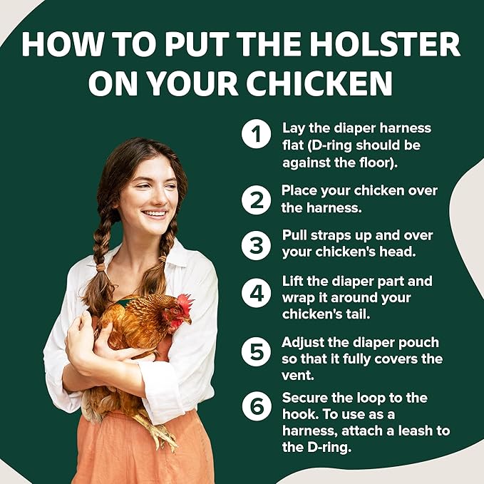 Hen Holster Premium Starter Kit - Bird Diaper, Wrap Around for Hens, Roosters, Ducks - Leak-Proof, Comfortable Bird Harness with Sewn-in Liner, Secure Hook & Loop Closure - S/M, Green