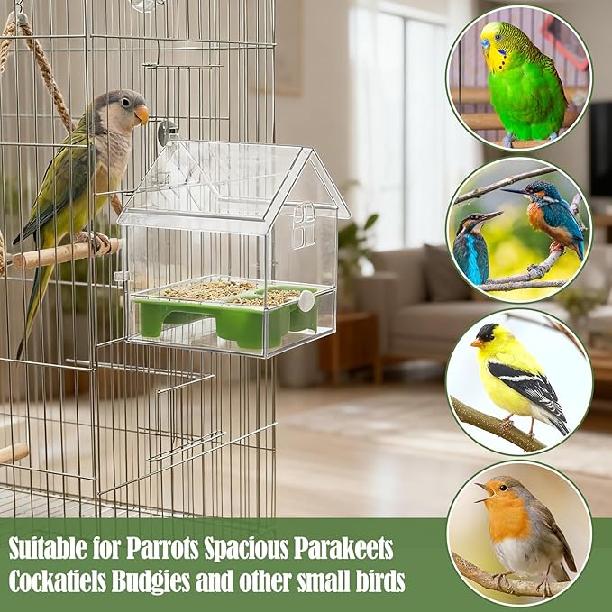 Bird Cage Feeder Parakeet Bathtub Feeding Watering Hanging Shower Box Cage Accessories for Parrot Cockatiels Parakeets, Green