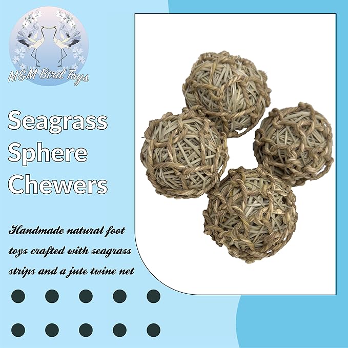 5018 Pk8 Seagrass Sphere Chewers – Handwoven Natural Foraging & Chew Toys for Parrots– Shreddable Bird Foot Toys – Enrichment & Cage Toys for Small & Medium Birds - Made with Natural Seagrass Strips