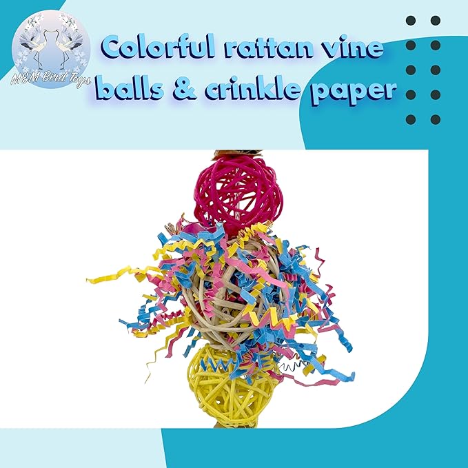 1701 Rainbow Rattan Bird Toy with Jute and Crinkle Paper – Shredding and Foraging Fun for Parakeets, Cockatiels, Conures, and Small Parrots – Natural Bird-Safe Toy for Cage Enrichment