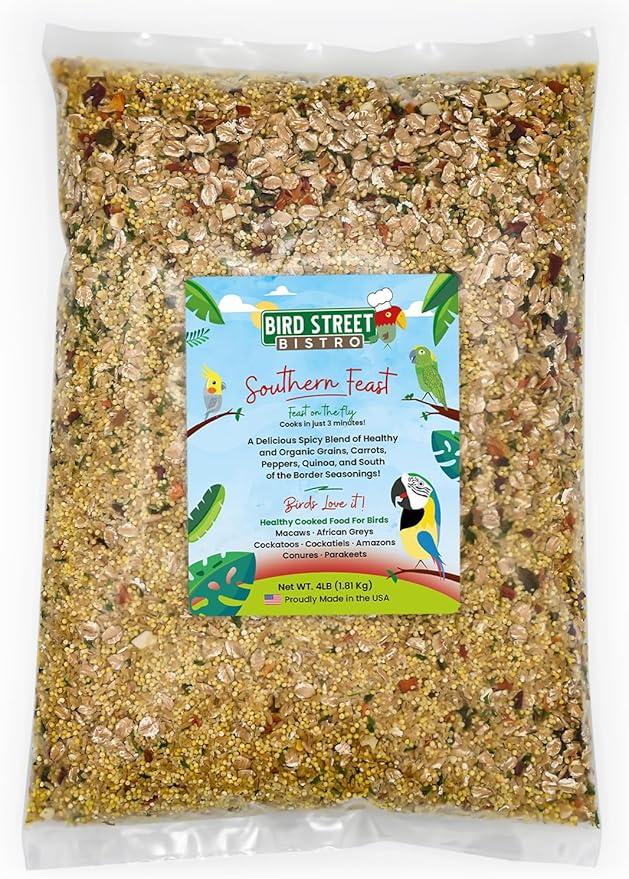 Parrot Parakeet Cockatiel Food - Bird Food - Cooks in 3-15 min with Natural Grains - Legumes - Non-GMO Fruits, Vegetables, & Health Orientated Spices (4.00 Pound (Pack of 1), Southern Feast)