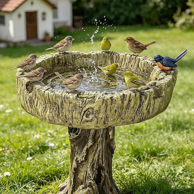 SKYFIRE Bird Baths for Outdoor - 24.4" Tall Pedestal Birdbath with Bird, Fibre Reinforced Concrete with Woodland Tree Trunk Décor Modern and Durable,Bird Bath for Outside, Garden, Patio,Lawn,Backyard