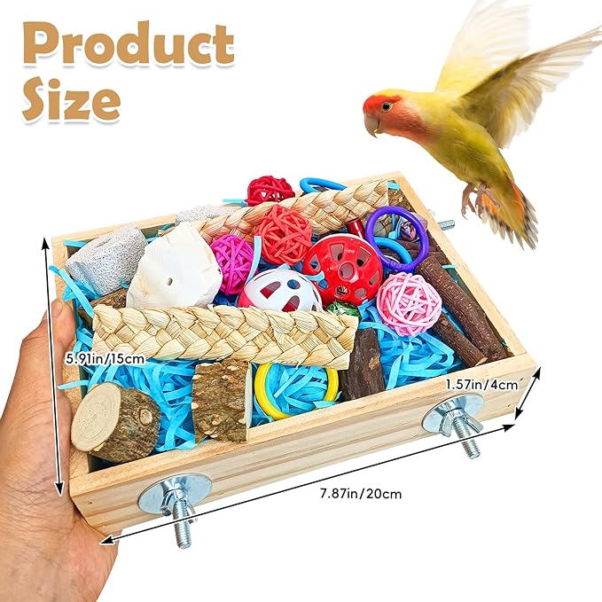 BNOSDM Bird Foraging Toys Box Colorful Parrot Foraging and Shredding Toy Boxes Natural Bird Toy Wooden Birds Chewing Toys for Parakeet, Conure, Cockatiel, Budgies, Lovebirds (Small)