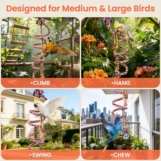 Ultra Long Bird Toys for Large Parrots - 110'' Heavy Duty Cotton Rope Birds Toy Swing, Spiral Hanging Bird Toys with Bell & Acrylic for Macaws, Cockatoos, Greys, Enrichment Parrot Toys