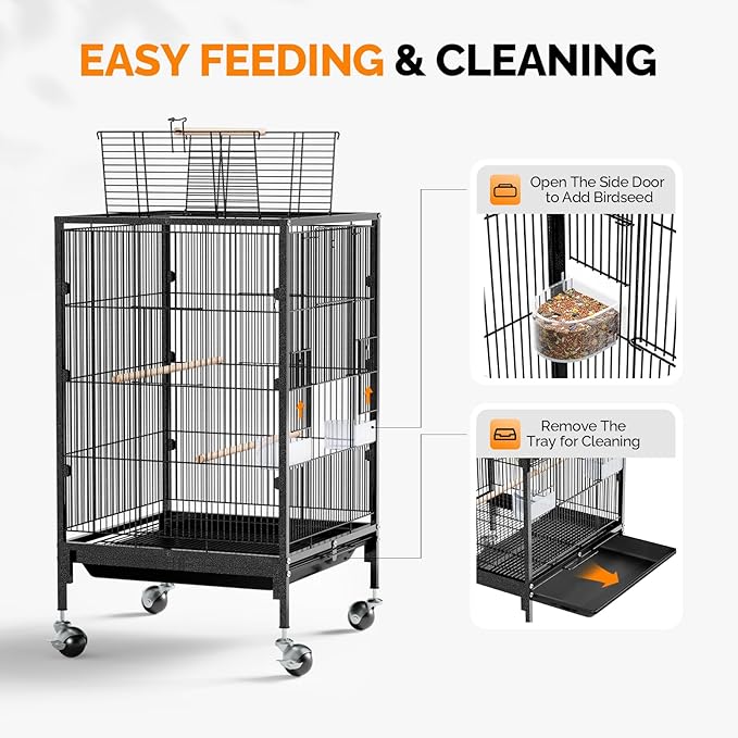 VINGLI 38-inch Bird Cage with Wheels, Durable Wrought Iron Parakeet Cage with Slide Out Tray, Black Bird Cages for Parakeets/Lovebird/Cockatiels/Budgies and Other Small/Medium Birds (Medium-38 inch)