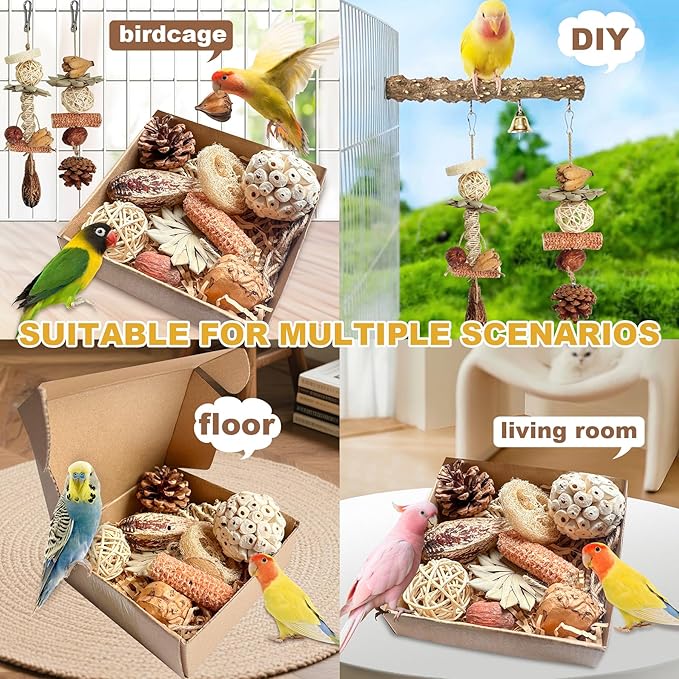 2 in 1 Parrot Toys, Parakeet Foraging Box DIY Hanging String with Comes with 2 Hooks Bird Toy for Parakeets,Cockatiels,Conures,Love Birds Cage Accessories for Small to Medium Birds