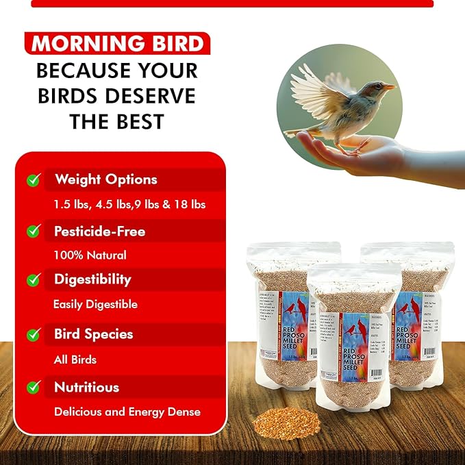 Morning Bird Red Proso Millet 4.5 lbs (3-Pack, 1.5 lbs Each) – Natural Bird Seed – Supports Feather Growth & Balanced Nutrition – Great Flavor, Energy Dense - Ideal for Finches, Parakeets & Pet Birds