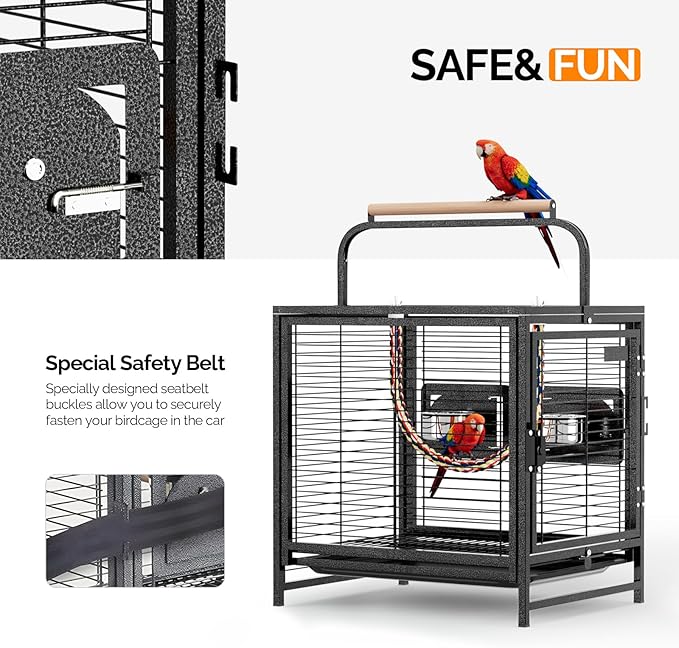 VINGLI Small Bird Cage, 25 inch Travel Carrier Bird Cage with Handle, Wrought Iron Parakeet Cage with Wooden Perch for Parrot Lovebirds Finches Small/Medium Birds (Hammertone Black)
