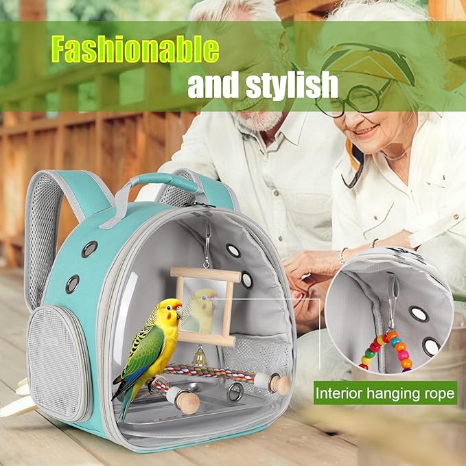Parrot Travel Carrier Bubble Window Backpack with Mirror Standing Toy,Portable Parrot Cage Backpack with Bird Stand Perch, Pet Travel Bag for Cockatiels, Love Bird,Small Birds