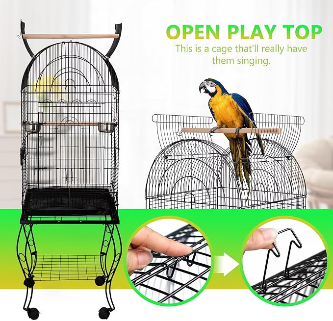 SUPER DEAL 64'' Rolling Bird Cage Large Wrought Iron Cage for Cockatiel Sun Conure Parakeet Finch Budgie Lovebird Canary Medium Pet House with Rolling Stand & Storage Shelf
