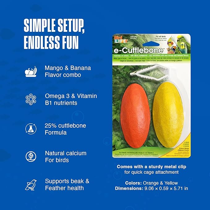 Penn-Plax Bird-Life E-Cuttlebone Flavored, 1 Pack (2 Counts) - Mango & Banana - Durable, Less Brittle Cuttlebones Enriched with Omega 3 & Vitamin B1 - Cage Clip - for All Bird Sizes - Mango & Banana