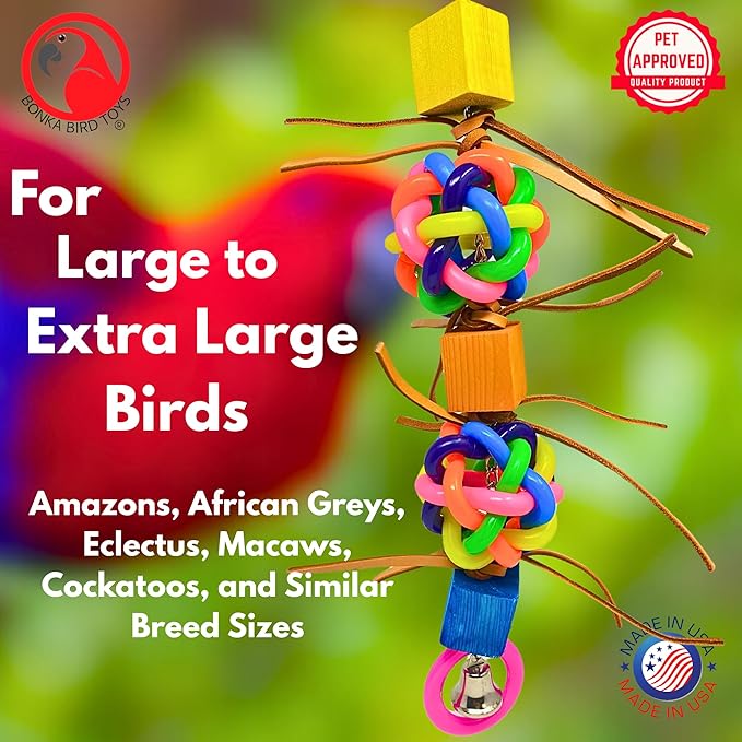 Bonka Bird Toys 1949 Queen Wibbly 16" Tall Multi-Texture Foraging Toy with Wibbly Balls Acrylic Leather Wood for Large Parrots Macaws Cockatoos Amazons