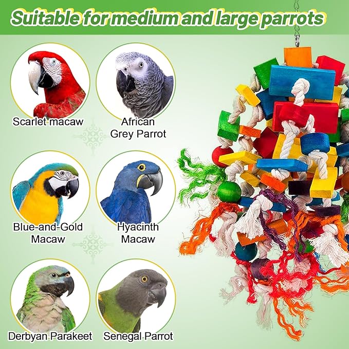 Large Parrot Toy - Multicolored Natural Wood Blocks Tearing Toys for Birds Suggested for African Grey, Macaw and Amazon Parrots