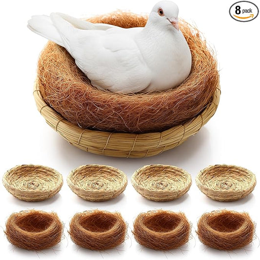 AceOrbit 8 Pcs/4 Set Bird Nest with Coconut Fiber Mats Set Hand-Woven Flat Base Pigeon Birdhouse Breeding Nest Small Animal Cage Accessories for Parrots Budgies Cockatiels Hamsters Gerbils and Pigs