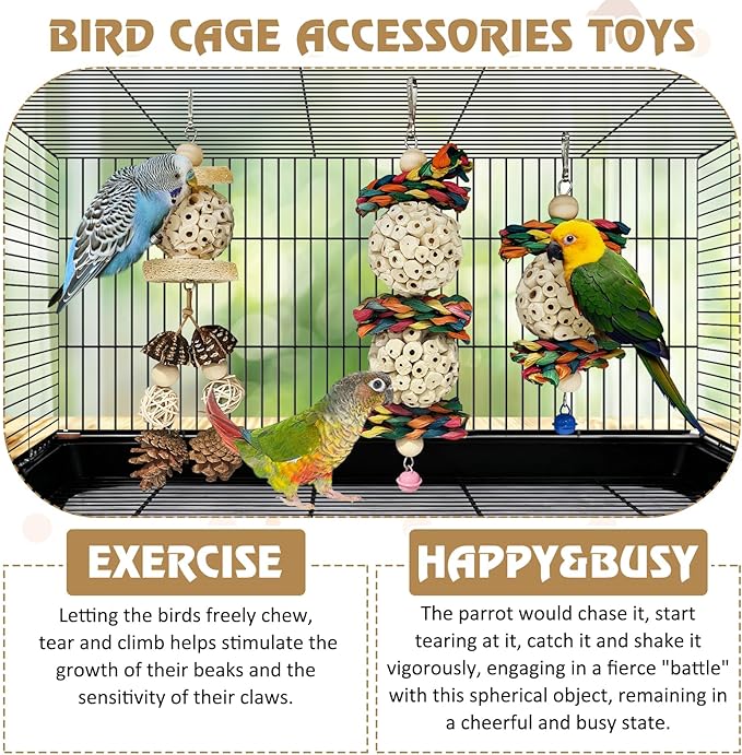 BNOSDM Hanging Bird Toy Sola Balls 3PCS Parrot Shredder Balls Natural Parakeet Foraging Toy Wood Bird Cage Chew Toys for Cockatiel, Budgie, Sun Conure, Quakers, Lovebirds (B)