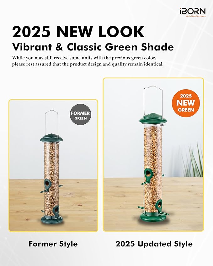 iBorn Metal Bird Feeders Hanging Wild Bird Seed Feeder for Mix Seed Blends, Niger Seed Feeder, Sunflower Heart, Birdbath, Heavy Duty All Metal Green Finishing 15 Inch 4Port