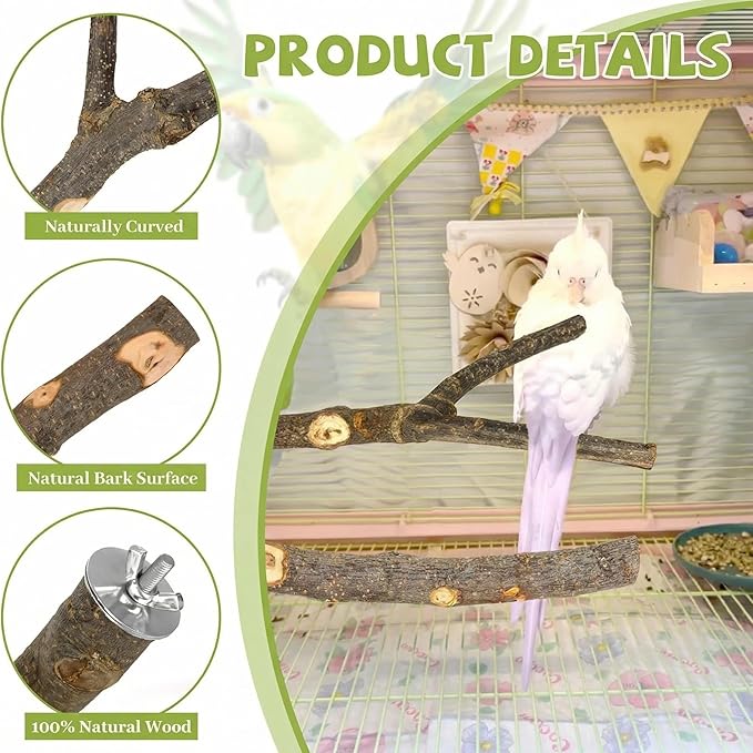 5PCS Natural Wood Bird Perch Set - Straight & Forked Branch Perches Cage Perches Accessories for Small Medium Birds, Parakeets, Budgies, Cockatiels, Conures