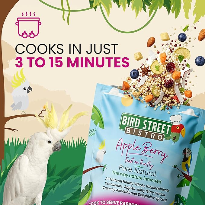 Bird Street Bistro Parrot Food -Parrot Food - Cooks in 3-15 min w/Natural Grains, Legumes, Non-GMO Fruits, Vegetables & Health-Oriented Spices