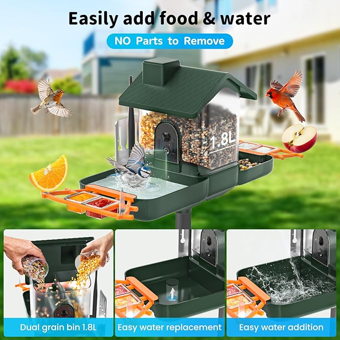 Bird Feeder with Camera and Bath, Dual-Lens 2K HD Video, AI Bird Identification, Solar Powered, Instant Alerts, IP66 Weatherproof