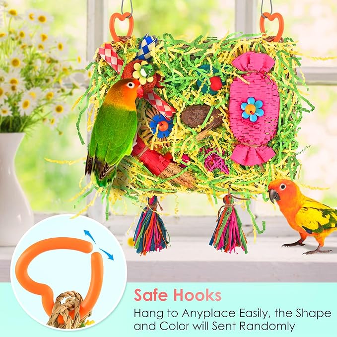 KATUMO Bird Toys - Large-Sized Grass Mat with Colorful Parrot Foraging Shredder Hanging Toys for Conure and Other Birds