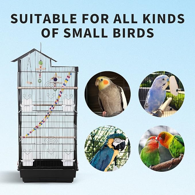 HCY 39 Inches Bird Cage Roof Top Large Flight Parrot Bird Cage with Toys for Medium Small Birds,Lovebirds,Finch,Cockatiel Parakeets,Parrot, Iron Bird Cage