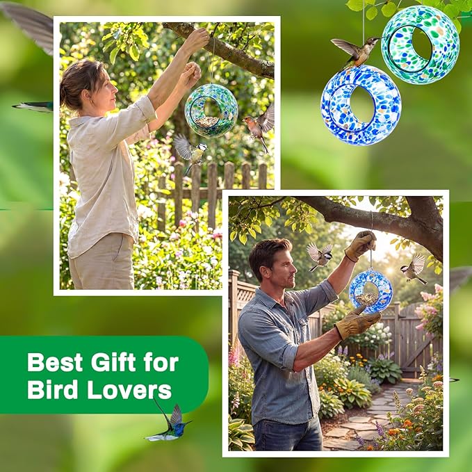 Patelai 2 Pcs Bird Feeder Mosaic Glass Hanging Bird Feeder Round Birdfeeder Fly Through Balcony Birdfeeder for Backyard Window Outdoor Garden Deck Porch Decorations, 6 Inch (Cute)