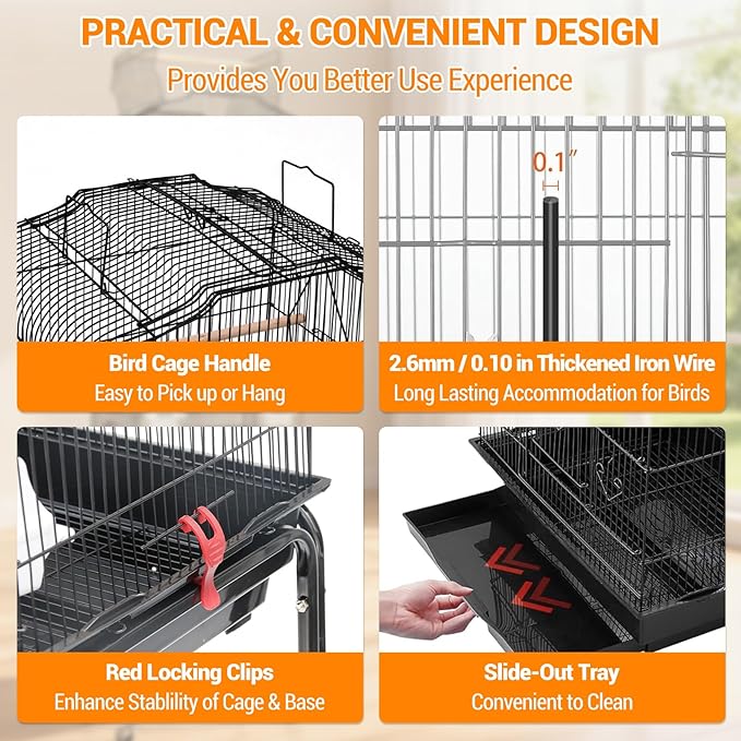 Garvee Open Top Large Parrot Bird Cage, Hanging Bird Cage with Detachable Rolling Stand and Storage Shelf, Playtop Parrot Cages Heavy-Duty Pet Birds House for Cockatiel Black