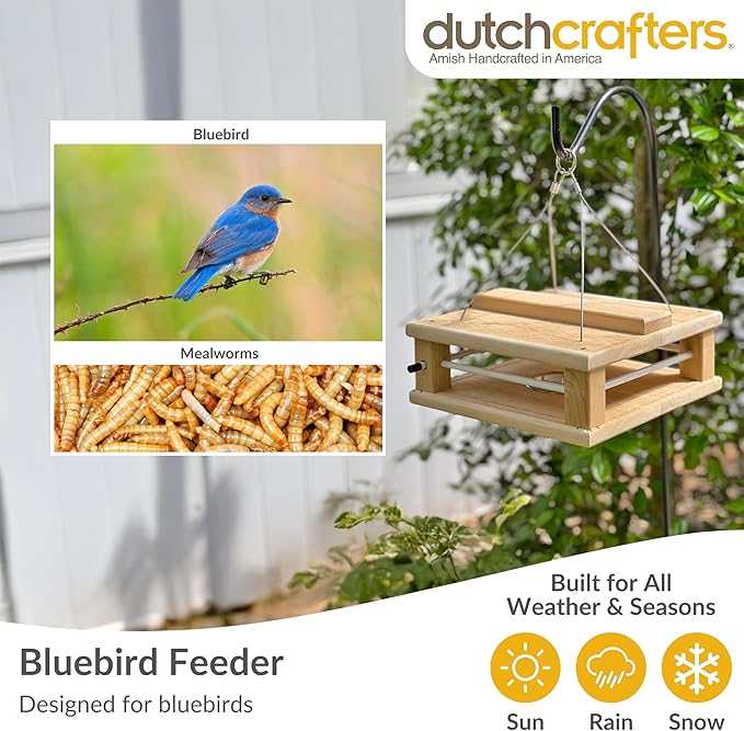 DutchCrafters Cedar Wood Covered Hanging Bluebird Feeder for Mealworms with Food Cup, Enclosed Wooden Dried Mealworm Feeder for Bluebirds for Outdoors
