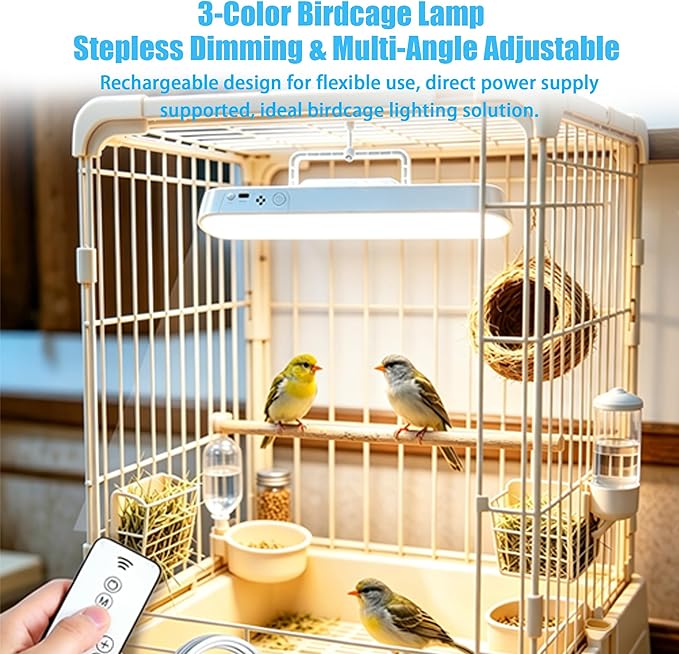 Bird Cage Light, Stepless Dimming 3 Color Temperatures, Rechargeable & Plug-in, Magnetic Base Timed Off, for Parrot Rabbit Dog Cat Pet Cage