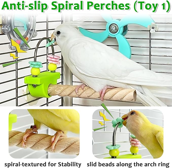 2Pcs Spinning Parakeet Toys and Anti-Slip Spiral Perches Set, Rotating Budgie Toys for Boredom, Bird Enrichment Spinner for Parakeets for Cage Accessories, Cockatiel Toys for Inside Cage for Parrots