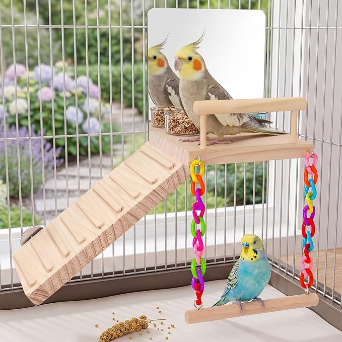 Bird Perch Platform Toy Set (Includes Mirror, Climbing Ladder, and Swing) - Wooden Play Frame, Parrot Cage Accessories, Suitable for Budgerigars, Lovebirds, Canaries, and Various Other Birds