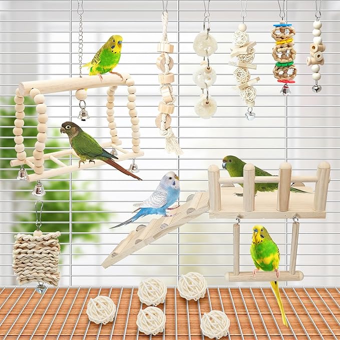 Hamiledyi 13Pcs Parrot Swing Chew Toys Bird Perches Platform with Climbing Ladder Hanging Cage Accessories for Parakeet, Conure, Finch, Lovebirds, Budgie, Canary Standing