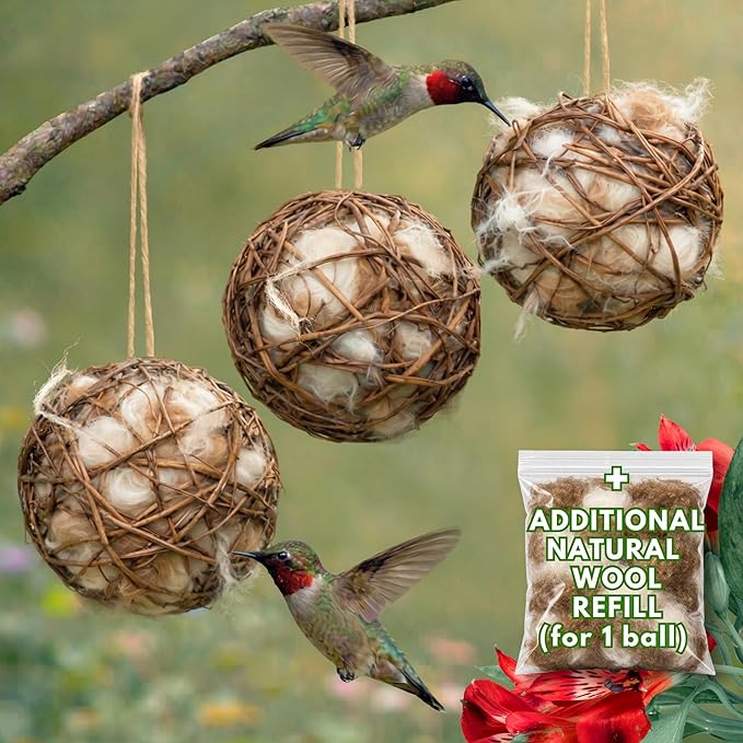 Hummingbird Nesters Bird Nesting Material Holder for Wild Birds Humming Bird House Materials Gifts for Bird Watching Nature Lovers Refillable Outdoor Bird Station (3 Balls Safe Nesting Starter Kit)