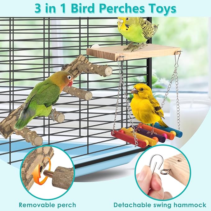 DBNESS 3in1 Bird Perch Toys for Parrots, Wooden Ladder Perch for Cage, Parrot Platform Stand Colourful Swing Hammock Climbing Bridge Exercise Cage Accessories for Budgies Cockatiels Lovebirds Hamster