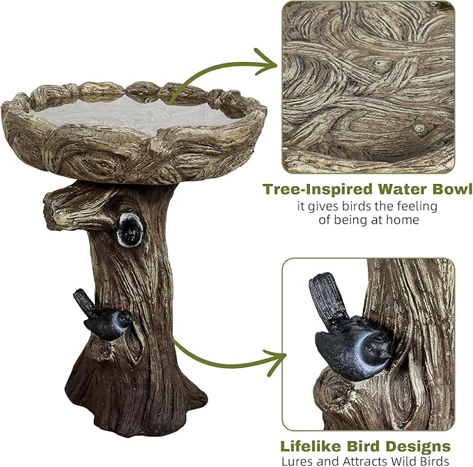 SKYFIRE Bird Baths for Outdoor - 23" Tall Pedestal Birdbath with Bird, Fibre Reinforced Concrete with Woodland Tree Trunk Décor, Modern and Durable,Bird Bath for Outside, Garden, Patio, Lawn, Backyard