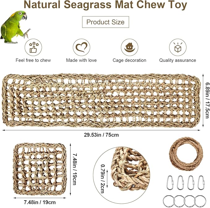 2Pcs Natural Sea Grass Parrot Mat - Foraging Chew Wall Toy with Climbing Rope & Hook, Hanging Play Pad for Lovebirds/Cockatoos/Budgerigars/Conures/Pigeons | 2 Sizes29.53x6.89 &7.48x7.48 Inches