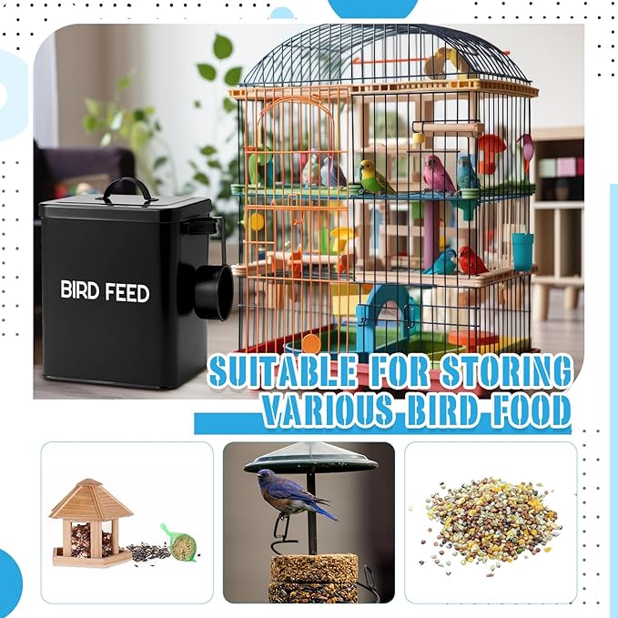 Reallnaive 2 Pcs Metal Bird Seed Container with Scoop, Bird Feed Storage Container with Fitted Lid, Farmhouse Style Ideal Gift for Birds and Pet Owners(Black)