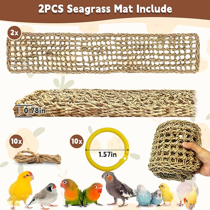 kathson 2 Pcs 29.5 x 7 Inches Large Bird Seagrass Mat, Bird Hammock for cage，Bird Seagrass Woven net，Climbing Rope Ladder with Hooks, Chew Toys for Pigeon Cockatiel Conure Budgie Cockatoo Rat Hamster