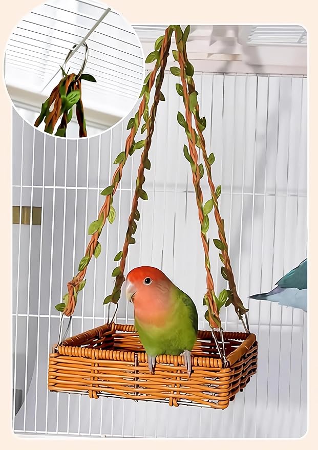 Hanging Rattan Bird Nest for Cage, Bird-Safe Vine Swing Perch with Leaves, Washable Chew-Proof Hammock Nest for Lovebird Cockatiel Budgie Conure, Cage Decoration & Rest Toy for Small Birds (Square)