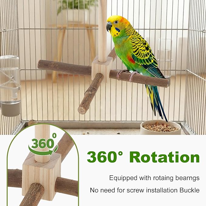 Rotating Bird Perches, Natural Wooden Perch with Chew Toy, Bird Toys for Small & Medium Birds, Small, Natural Wood Color, 1 Set