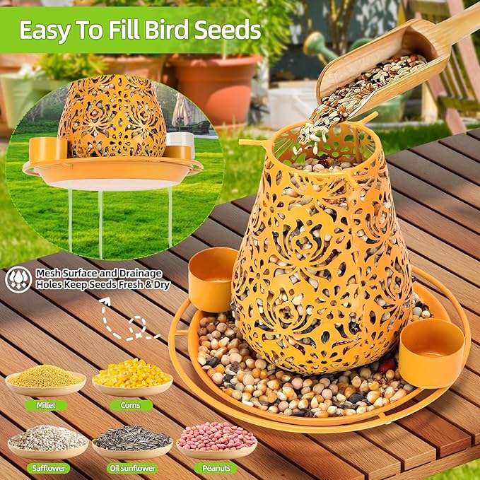 Mushroom Solar Bird Feeders for Outdoors Hanging Metal Wild Bird Feeder with S Hook for Garden Decoration Orange