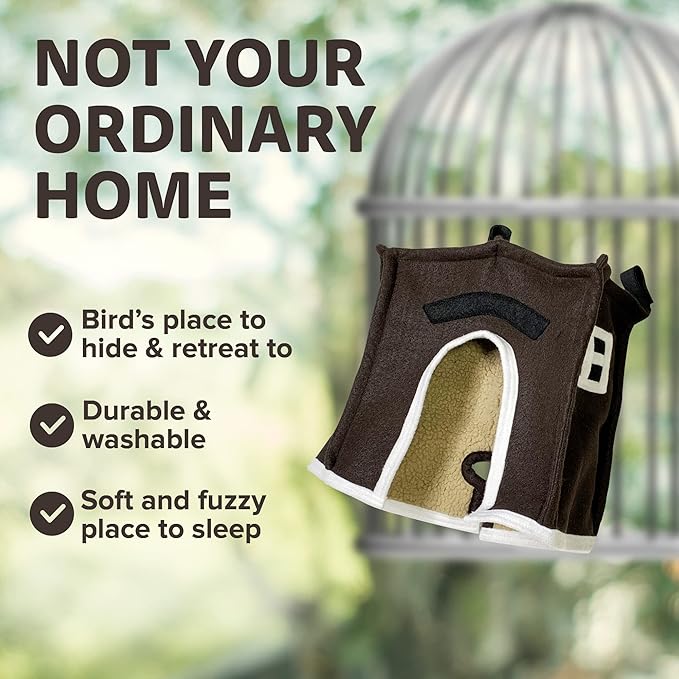 Crazy K Farm - Avian Haven Bird Hut, Comfy Bird Snuggle Hut, Plush Pet Bird Hut for Sleeping and Snuggling, Hanging Bird Cage Hut with Sherpa, Cozy Bird Cage Accessories Large, Brow