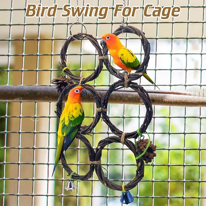 BNOSDM Bird Swing Rings Toy Natural Wood Parrot Climbing Ladder Parakeet Chewing Toys Hanging Budgie Cage Accessories for Green Cheek Conure Cockatiel Lovebird (6 Rings)