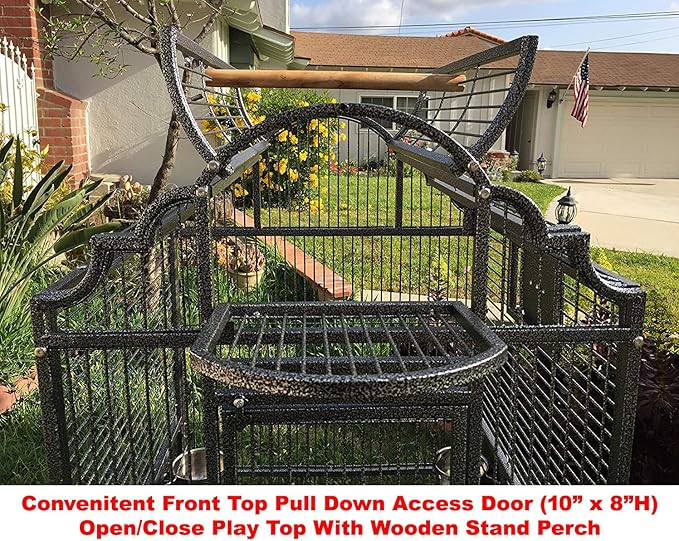 Large Elegant Wrought Iron Open/Close Dome Perch Play Top Stand Bird Parrot Rolling Cage, Include Metal Seed Guard Solid Metal Feeder Breeding Door (24" x 22" x 63"H, Black Vein)