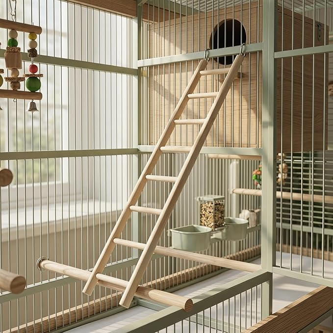 14.7 Inch Bird Ladder for Parakeets and Cockatiels, 8-Step Natural Wood Parrot Climbing Toy with Stainless Steel Hooks - Safe Chewing Cage Accessory