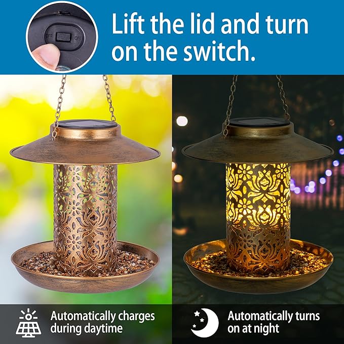 Ottsuls Solar Bird Feeder for Outdoors Hanging, Metal Wild Cardinals Garden Lantern with S Hook, Weatherproof and Water Resistant Birdfeeders as Gift Idea for Women Mom Grandma Bird Lovers (Bronze)