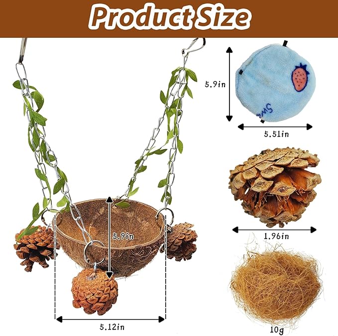PINVNBY Natural Coconut Shell Bird Nest for Cage Coconut Fiber with Warm Pad Coconut Hide Bird Swing Toys for Bird Conure, Budgie, Cockatiel, Lovebird, Sugar Glider, Canary, Hamster